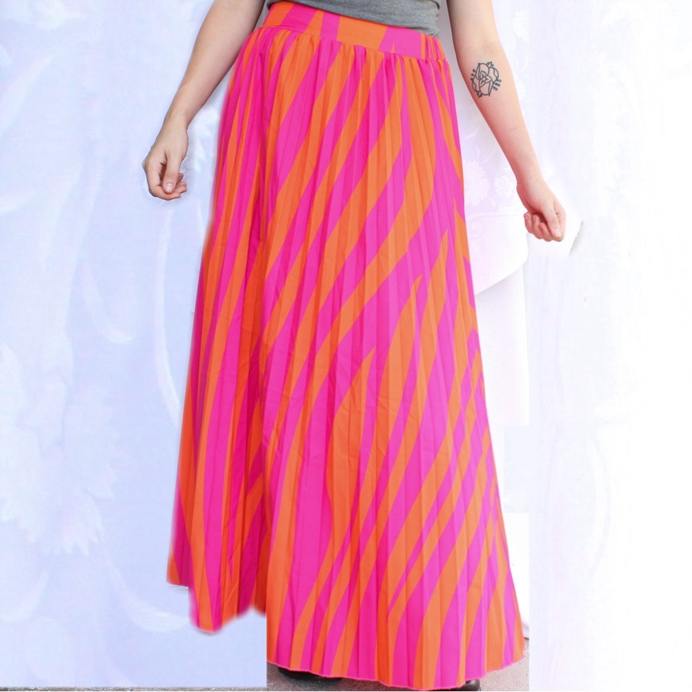 Orange and Pink Abstract Striped Pleated Maxi Skirt